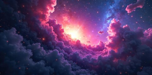 Stunning vista of a swirling nebula, vibrant colors illuminating cosmic dust and distant galaxies Perfect for space exploration, astronomy, and science fiction projects , galaxy, science fiction