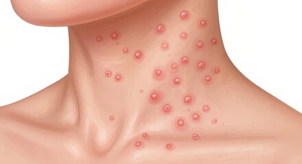Close up of rash with red bumps on human neck and chest
