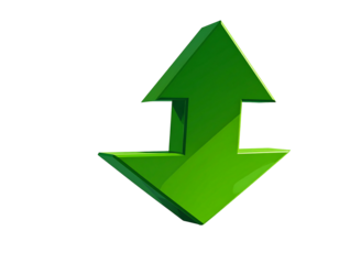Bright green upward-pointing arrow, three-dimensional effect, outlined, on black background