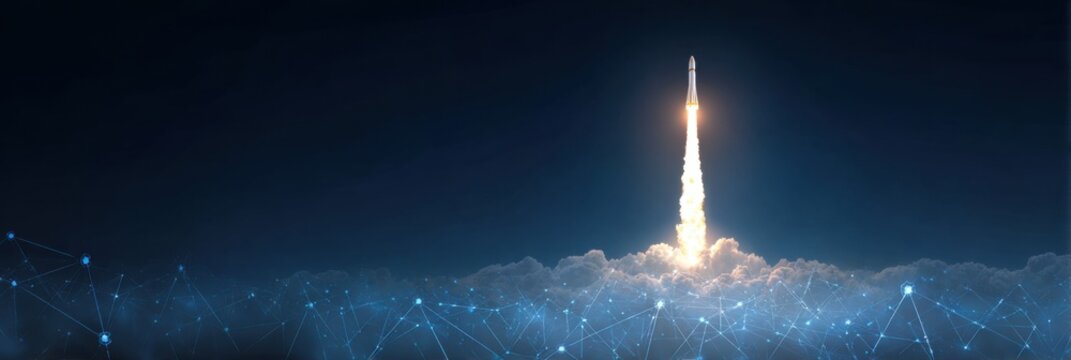 Rocket Launches Into the Night Sky, Creating a Trail of Light and Smoke Against a Backdrop of Clouds and Digital Connections