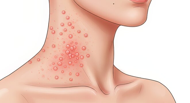 Close up of skin showing red inflamed bumps and blisters on neck and chest