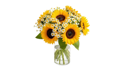 Bouquet of vibrant sunflowers and daisies in a vase isolated PNG with Transparent Background