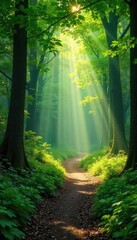 Fototapeta premium Sun-dappled forest path winds through lush green woods, sunlight filtering through leaves, creating a magical atmosphere Perfect for nature, fantasy, or fairytale themes , hiking, sunbeams
