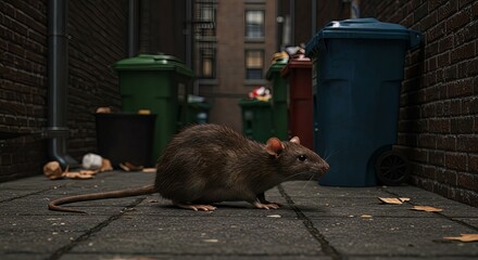 Brown rat scurries through urban alley beside overflowing trash bins