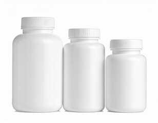 Collection of three blank white plastic bottles in various sizes for medicines or vitamins