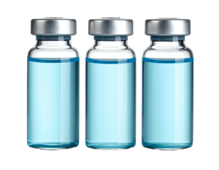 Three clear glass vials with light-blue liquid and silver caps