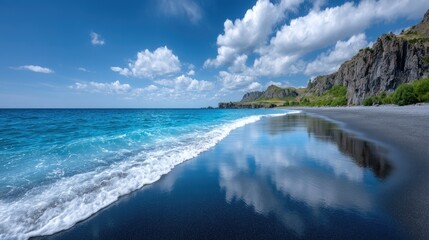 Black Sand Seashore with Turquoise Sea and Rock Formations under Blue Sky with Clouds