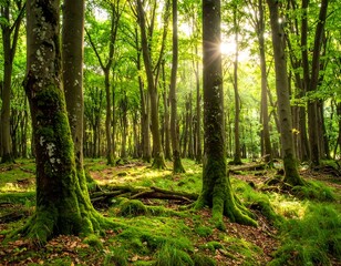Fototapeta premium Sunlit forest floor bathed in morning light