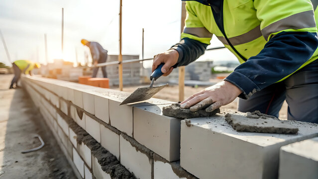 Industrial bricklayer using trowel to apply mortar on brick block at construction site, skilled craftsman laying blocks for building new wall - masonry work, concrete material, builder hands concept