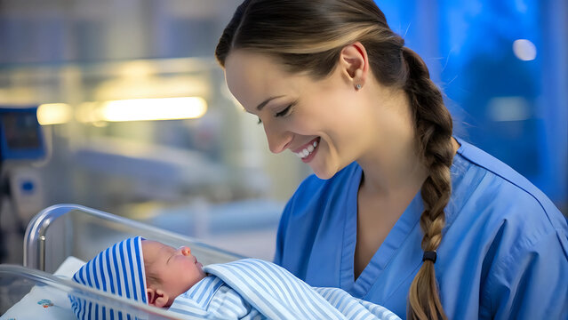 Portrait of neonatal nurse woman in blue scrubs caring newborn baby, holding infant, nurturing vulnerable premature child, hospital incubator - medical technology, infant healthcare, pediatrics - Powered by Adobe