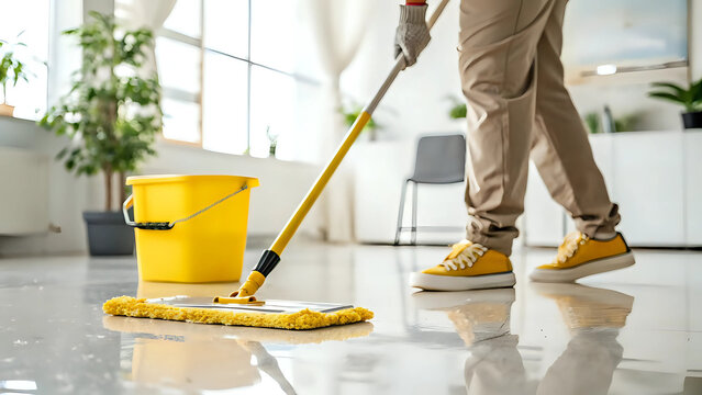 Portrait of person cleaning shiny floor with mop, yellow bucket nearby, tidy home interior background - housekeeping, spring cleaning, domestic hygiene service concept