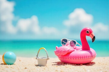 Obraz premium Tiny sunglasses perched on a miniature inflatable flamingo in a vibrant summer scene, complete with miniature beach ball and bucket, all under a bright sunny sky , tiny summer, ball