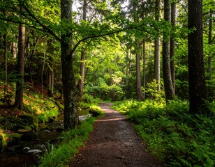Sunlit forest path through lush greenery