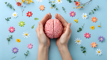 Top view of hands cradle a brain model miniature with colorful flowers, isolated on blue pastel background - positive thinking, mental health, self-care, mindfulness, emotional growth concept