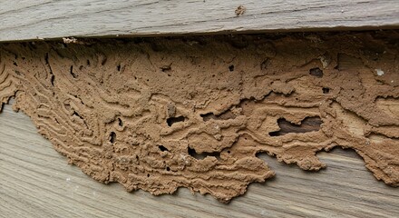 Detailed view of termite damage on weathered wooden surface showing intricate tunnels and mud tubes