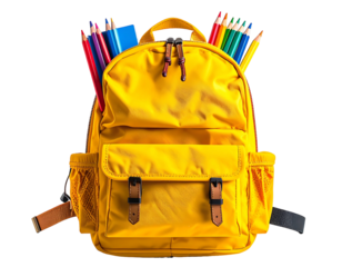 Bright yellow backpack filled with colorful pencils and books