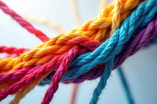 Vibrant colored threads tightly interwoven, creating a strong, unified image symbolizing connection and unity Perfect for concepts of teamwork, collaboration, and togetherness , fabric, visual