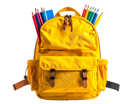Bright yellow backpack filled with colorful pencils and books