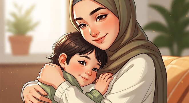 A tender illustration of a woman and child embracing warmly, showcasing soft colors and gentle expressions.