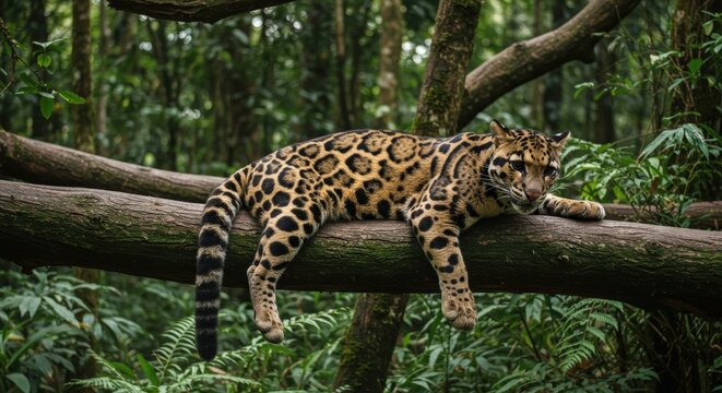 Clouded leopard relaxing on forest branch