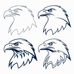 Four distinct stylized eagle head illustrations in a dark blue outline on a white background showcasing different artistic interpretations and details of the majestic bird of prey