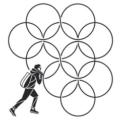Silhouette of a person with a backpack running towards a complex geometric pattern of interlocking circles representing challenges and opportunities