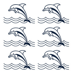 Set of six simple line art illustrations of dolphins leaping out of stylized waves presented in a grid format on a white background