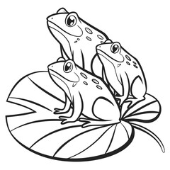 Three adorable cartoon frogs are sitting together on a large lily pad depicted in a simple black and white line drawing style perfect for coloring pages or children s illustrations
