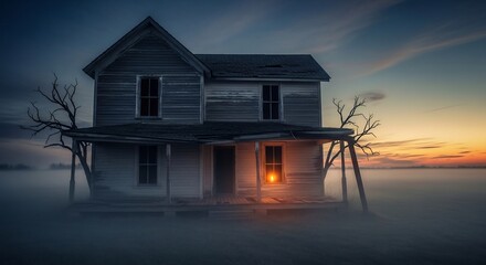 Dilapidated twostory house stands in a foggy landscape light shining from a window under a twilight sky