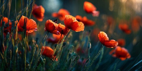 Obraz premium Vibrant Red Poppies Dancing in a Sunlit Meadow at Dawn's Early Light