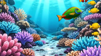 Vibrant coral reef scene with a green fish swimming amidst colorful sea anemones and sunlight filtering through the water.