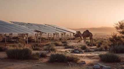 photovoltaic oasis in the desert, drought - tolerant plants planted under the panel arrays, camels resting nearby, the boundary between desert and oasis in the distance
