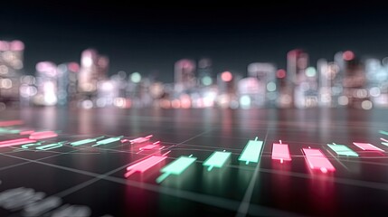 Financial Chart Overlaying Cityscape at Night with Glowing Red and Green Candlesticks on a Dark Background with Blurry City Lights