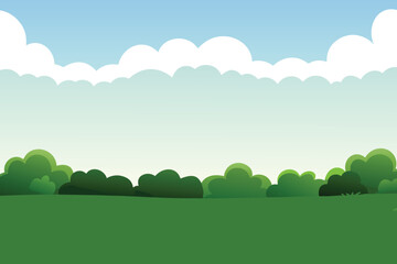 A whimsical cartoon scene with vibrant trees and soft clouds, creating a cheerful outdoor atmosphere.