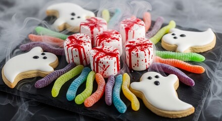 Obraz premium Halloween treats ghost cookies bleeding marshmallows gummy worms on a black slate board amidst spooky fog