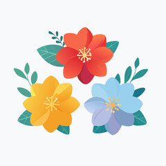 Vibrant Red Orange Blue Flowers with Green Leaves Illustration
