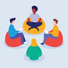 A group of people sitting on colorful bean bags arranged in a circle, engaged in conversation and sharing ideas.