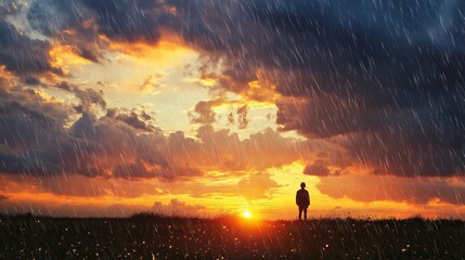 Obraz premium Subject silhouette at the bottom of the image against a background of beautiful rain clouds at sunset, Ample copy space at the top for text or design elements.