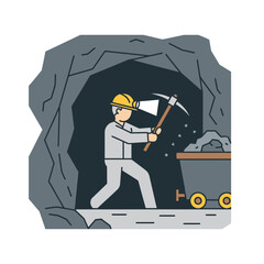 A miner wearing a helmet with a headlamp is digging in a mine with a pickaxe next to a minecart.