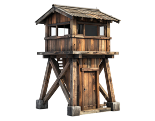 Wooden watchtower, rustic design, elevated platform