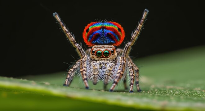 Colorful jumping spider on leaf