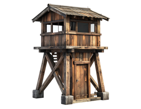 Wooden watchtower, rustic design, elevated platform