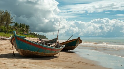 Fototapeta premium Fishing boats on beach during day, subject on right side, ample copy space on left for photo.