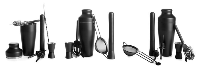 Set of bartender's equipment on white background