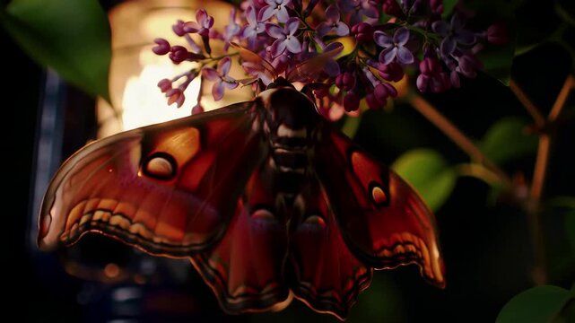 A stunning closeup of a giant Polyphemus silk moth with intricate red wings and eyespots resting on a vibrant purple lilac flower in a dark magical night garden.