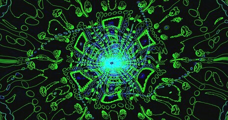 Colorful abstract design featuring swirling patterns in blue and green