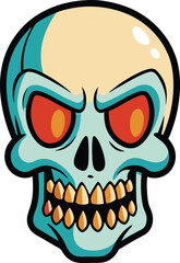 Stylized cartoon skull with intense red eyes, illustrating a fun and spooky character often associated with Halloween.