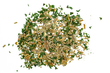 Dry rosemary pile and dried parsley isolated on white background
