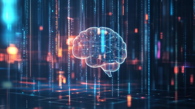 Immersive AI concept background depicting glowing data streams converging on a stylized brain icon, dynamic bar charts and scatter plots orbiting