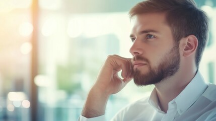 Obraz premium leader. A business professional in a modern office contemplating digital concepts thoughtfully. pitch deck slides, case study pages, designed for brand storytelling and e-commerce strategy.